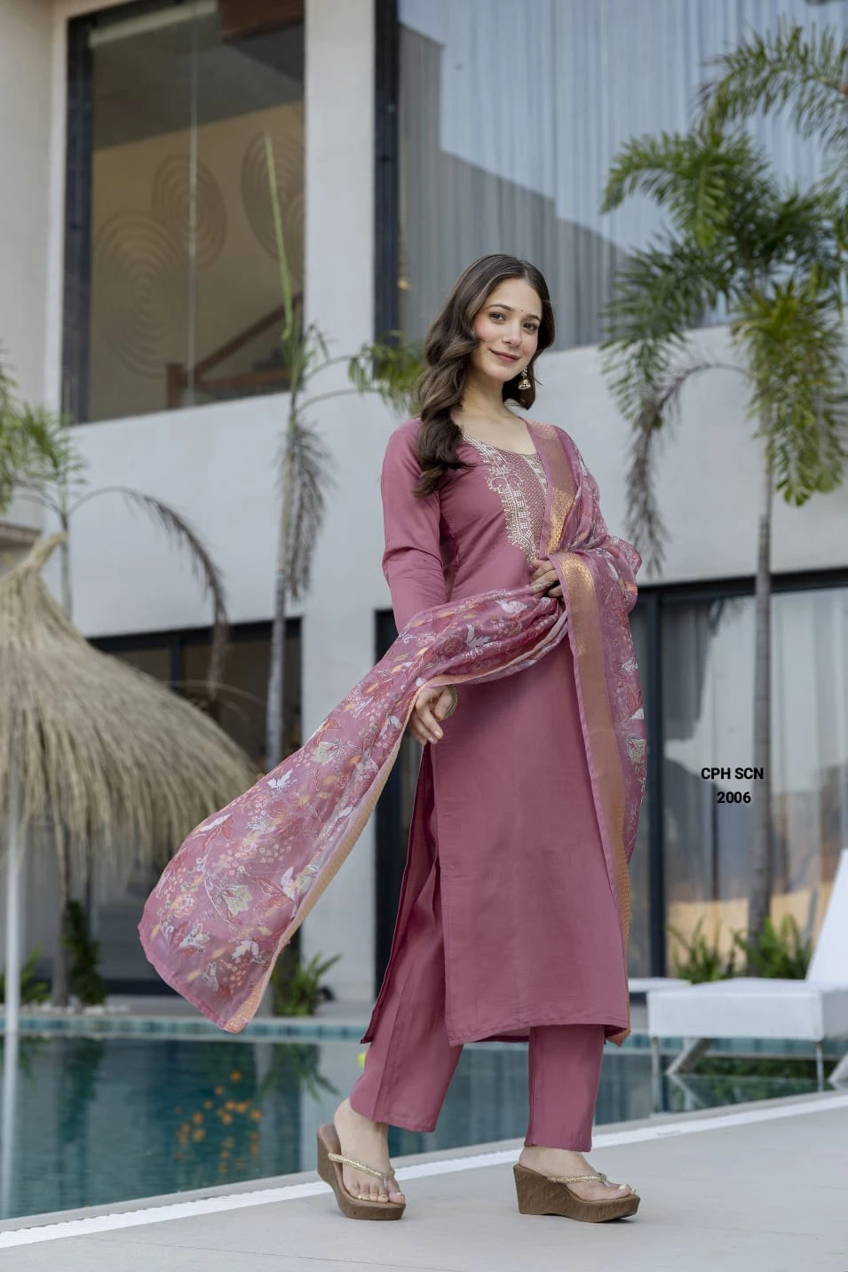 Pure Viscose Chanderi Sequence Embroidered Kurta Set